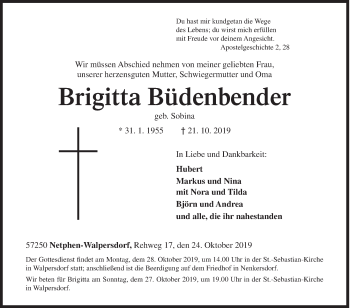 Traueranzeige von Brigitta Büdenbender von Siegener Zeitung