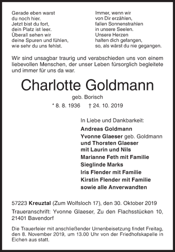 Traueranzeige von Charlotte Goldmann von Siegener Zeitung