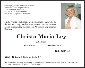 Traueranzeige von Christa Maria Ley von Siegener Zeitung