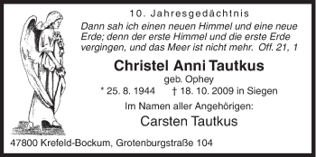 Traueranzeige von Christel Anni Tautkus von Siegener Zeitung