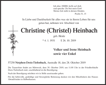 Traueranzeige von Christine Heinbach von Siegener Zeitung