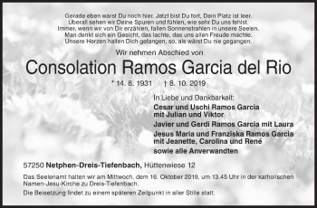Traueranzeige von Consolation Ramos Garcia del Rio von Siegener Zeitung