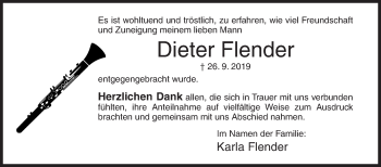 Traueranzeige von Dieter Flender von Siegener Zeitung