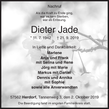 Traueranzeige von Dieter Jade von Siegener Zeitung