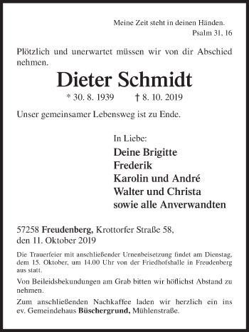 Traueranzeige von Dieter Schmidt von Siegener Zeitung