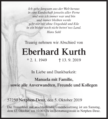 Traueranzeige von Eberhard Kurth von Siegener Zeitung