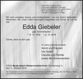 Traueranzeige von Edda Giebeler von Siegener Zeitung