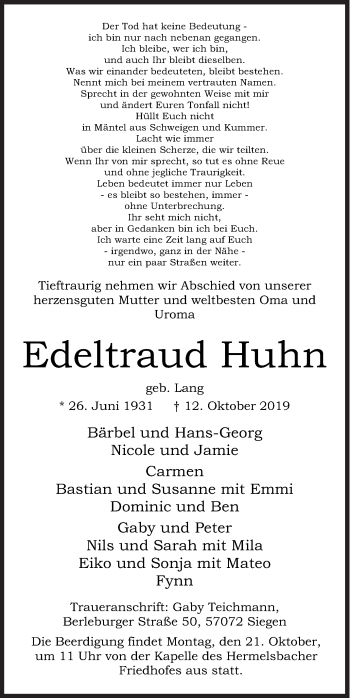 Traueranzeige von Edeltraud Huhn von Siegener Zeitung