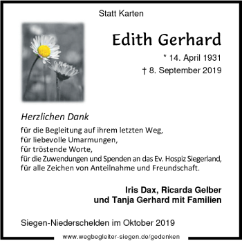 Traueranzeige von Edith Gerhard von Siegener Zeitung