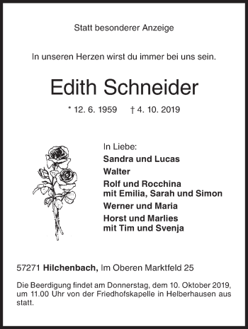 Traueranzeige von Edith Schneider von Siegener Zeitung