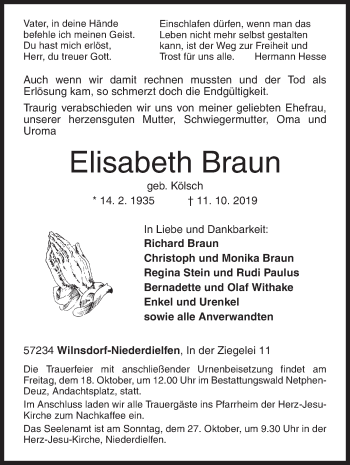 Traueranzeige von Elisabeth Braun von Siegener Zeitung