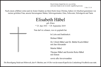 Traueranzeige von Elisabeth Häbel von Siegener Zeitung
