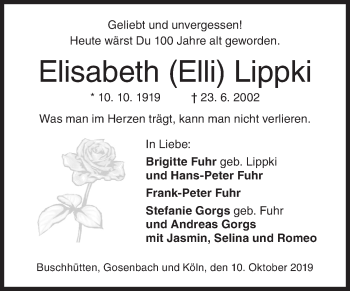 Traueranzeige von Elisabeth Lippki von Siegener Zeitung