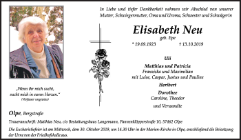 Traueranzeige von Elisabeth Neu von Siegener Zeitung
