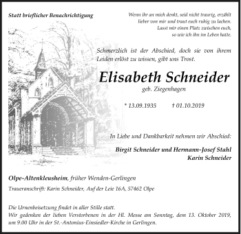 Traueranzeige von Elisabeth Schneider von Siegener Zeitung