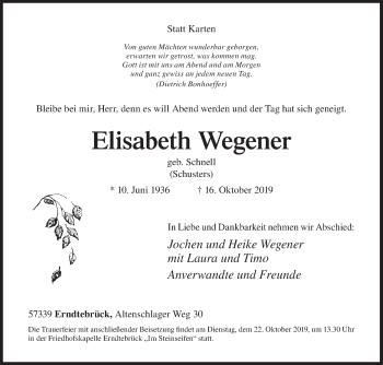 Traueranzeige von Elisabeth Wegener von Siegener Zeitung