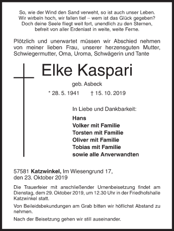 Traueranzeige von Elke Kaspari von Siegener Zeitung