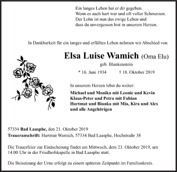 Traueranzeige von Elsa Luise  Wamich von Siegener Zeitung