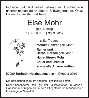 Traueranzeige von Else Mohr von Siegener Zeitung