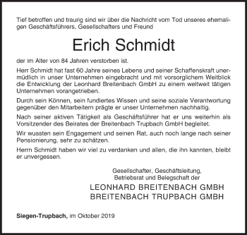 Traueranzeige von Erich Schmidt von Siegener Zeitung