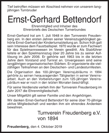 Traueranzeige von Ernst-Gerhard Bettendorf von Siegener Zeitung