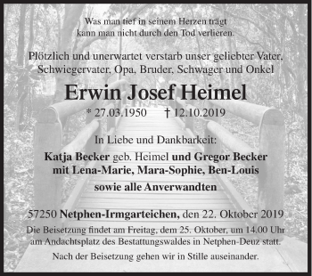 Traueranzeige von Erwin Josef Heimel von Siegener Zeitung
