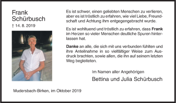 Traueranzeige von Frank Schürbusch von Siegener Zeitung