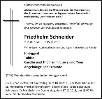 Traueranzeige von Friedhelm Schneider von Siegener Zeitung