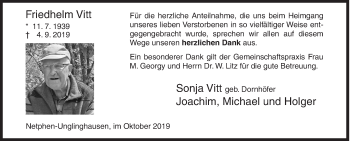 Traueranzeige von Friedhelm Vitt von Siegener Zeitung