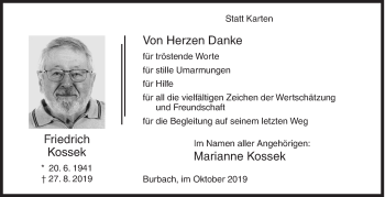 Traueranzeige von Friedrich Kossek von Siegener Zeitung