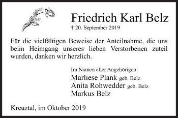 Traueranzeige von Friedrich Karl Belz von Siegener Zeitung