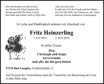 Traueranzeige von Fritz Heinzerling von Siegener Zeitung