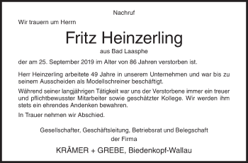 Traueranzeige von Fritz Heinzerling von Siegener Zeitung