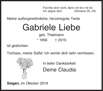 Traueranzeige von Gabriele Liebe von Siegener Zeitung
