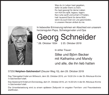 Traueranzeige von Georg Schneider von Siegener Zeitung