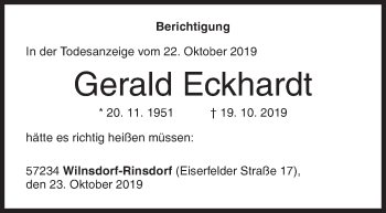 Traueranzeige von Gerald Eckhardt von Siegener Zeitung
