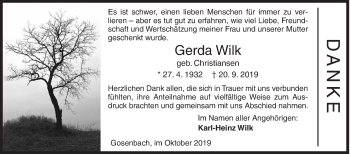 Traueranzeige von Gerda Wilk von Siegener Zeitung