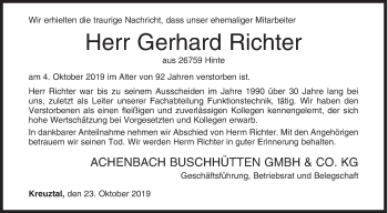 Traueranzeige von Gerhard Richter von Siegener Zeitung
