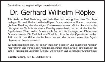 Traueranzeige von Gerhard Wilhelm Röpke von Siegener Zeitung