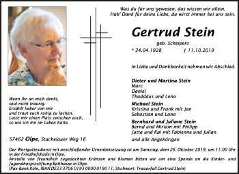 Traueranzeige von Gertrud Stein von Siegener Zeitung