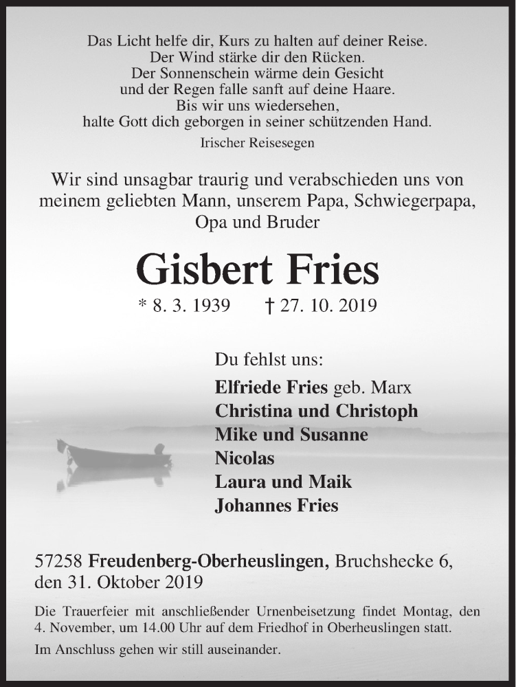  Traueranzeige für Gisbert Fries vom 31.10.2019 aus Siegener Zeitung