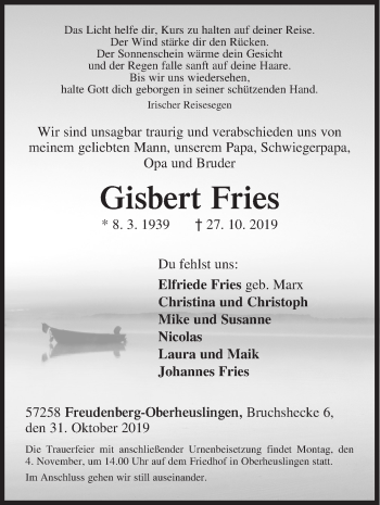Traueranzeige von Gisbert Fries von Siegener Zeitung