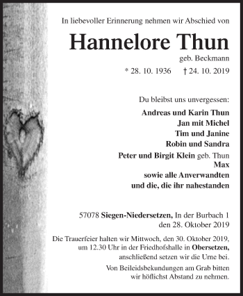Traueranzeige von Hannelore Thun von Siegener Zeitung