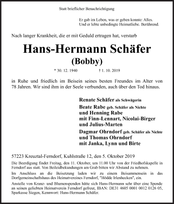 Traueranzeige von Hans-Hermann Schäfer von Siegener Zeitung