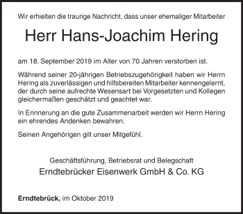 Traueranzeige von Hans-Joachim Hering von Siegener Zeitung