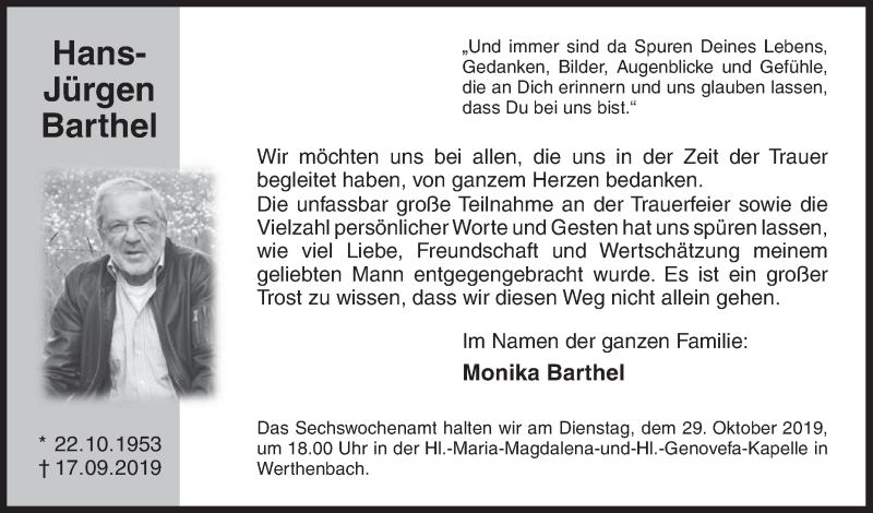  Traueranzeige für Hans-Jürgen Barthel vom 25.10.2019 aus Siegener Zeitung
