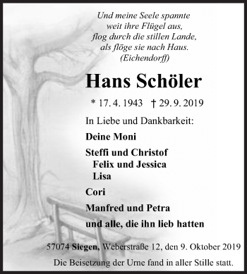 Traueranzeige von Hans Schöler von Siegener Zeitung