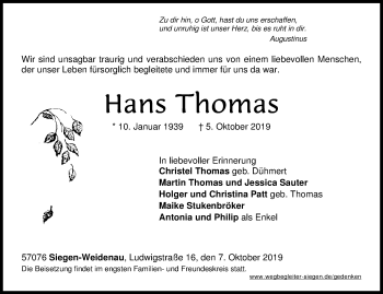 Traueranzeige von Hans Thomas von Siegener Zeitung