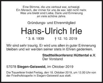 Traueranzeige von Hans-Ulrich Irle von Siegener Zeitung