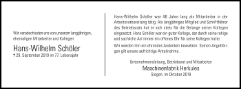 Traueranzeige von Hans-Wilhelm Schöler von Siegener Zeitung